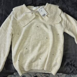 H&M Cream Scallop Collar Sweater with Crystal Studs